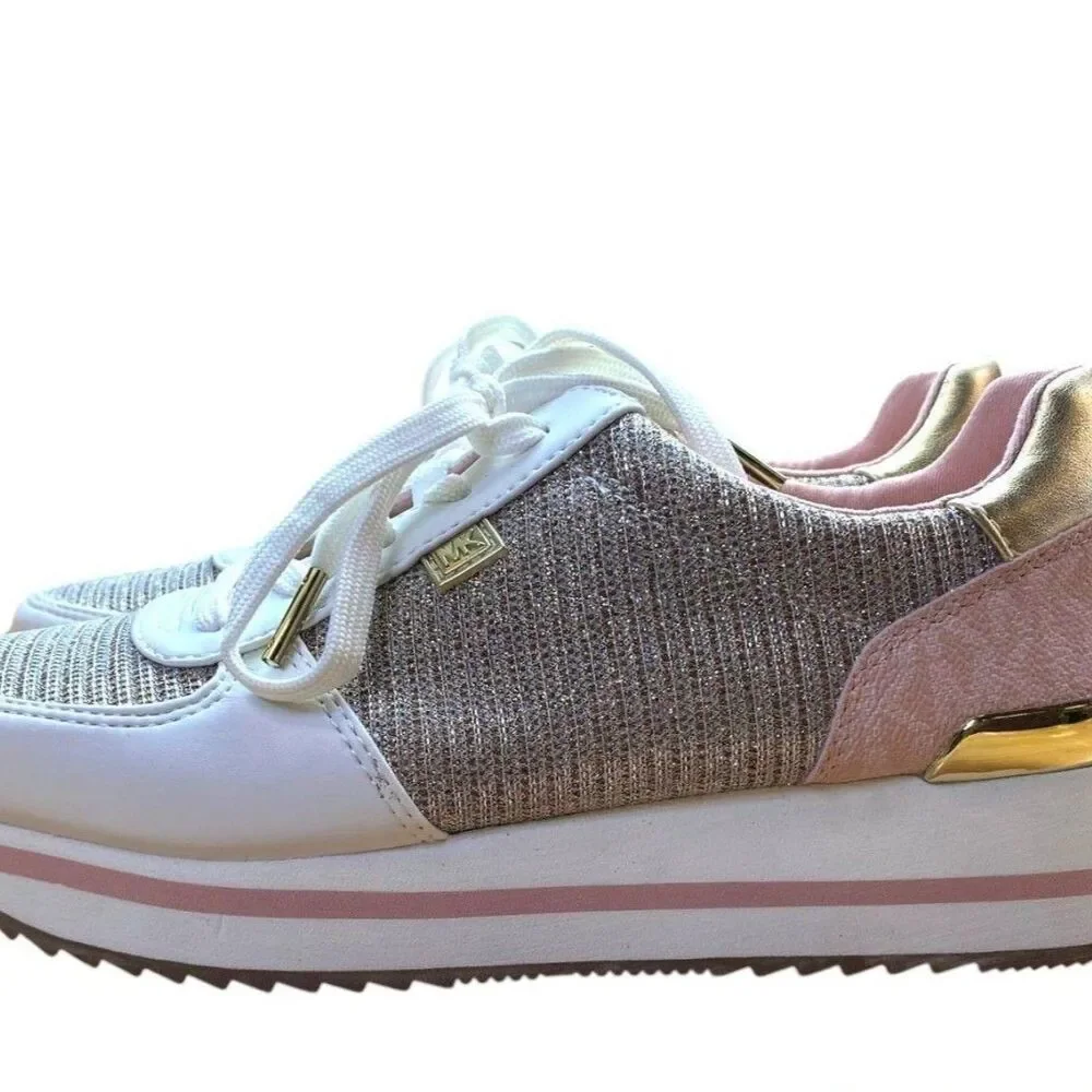 Michael Kors Woman's Monique Trainer Sneakers White Gold Size 7.5 New In Box
